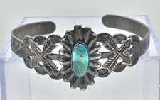 Fred Harvey Era CoinSilver Turquoise Native American Cuff Bracelet-signed-5-1/2” - Additional view 1