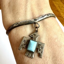 VTG Navajo Thunderbird Cuff Bracelet Turquoise Harvey Era Dangle Native Amer - Additional view 1