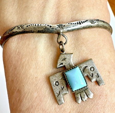 VTG Navajo Thunderbird Cuff Bracelet Turquoise Harvey Era Dangle Native Amer