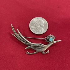 Vintage Fred Harvey Era Turquoise & Silver Roadrunner Pin Brooch - Additional view 1