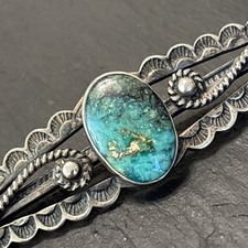 Navajo Hand Stamped Brooch Sterling Turquoise Vintage 2.5 Fred Harvey Era Old J7 - Additional view 2