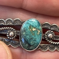 Navajo Hand Stamped Brooch Sterling Turquoise Vintage 2.5 Fred Harvey Era Old J7 - Additional view 13