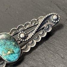 Navajo Hand Stamped Brooch Sterling Turquoise Vintage 2.5 Fred Harvey Era Old J7 - Additional view 3