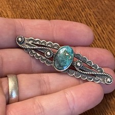 Navajo Hand Stamped Brooch Sterling Turquoise Vintage 2.5 Fred Harvey Era Old J7 - Additional view 4