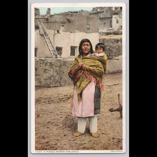 Antique Postcard Pueblo Woman and Child New Mexico Fred Harvey