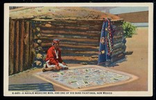 1937 Fred Harvey New Mexico Medicine Man and Sand Painting Vintage Postcard