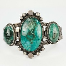 Stunning Antique Sterling Silver 925 Fred Harvey Green Turquoise Cuff Bracelet - Additional view 1