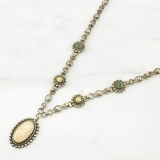 Fred Harvey Era Sterling Silver Green Tan Nephrite Jade Stone Floral Necklace - Additional view 3