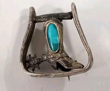Navajo Fred Harvey Era Pin Brooch Cowboy Boot/Stirrup Turquoise Sterling Silver
