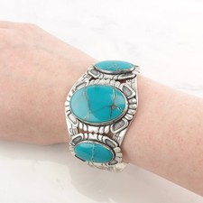 Fred Harvey Era Block Turquoise Stamped Sterling Silver Cuff Bracelet - Additional view 1