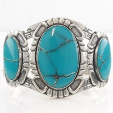 Fred Harvey Era Block Turquoise Stamped Sterling Silver Cuff Bracelet