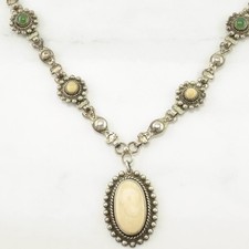 Fred Harvey Era Sterling Silver Green Tan Nephrite Jade Stone Floral Necklace