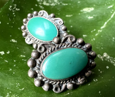 Vintage Fred Harvey Era GREEN TURQUOISE STONE + STERLING SILVER earrings signed