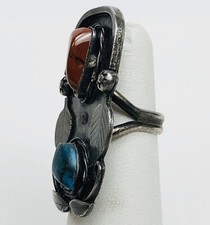 Fred Harvey Era Navajo Sterling Silver Turquoise Coral Feather Stamped Ring 4.25 - Additional view 1