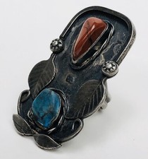 Fred Harvey Era Navajo Sterling Silver Turquoise Coral Feather Stamped Ring 4.25 - Additional view 4