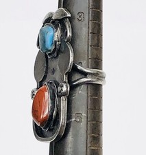 Fred Harvey Era Navajo Sterling Silver Turquoise Coral Feather Stamped Ring 4.25 - Additional view 8