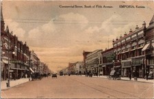 Postcard Emporia Kansas Commercial St South 5th Ave Fred Harvey Hand Colored 652