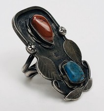 Fred Harvey Era Navajo Sterling Silver Turquoise Coral Feather Stamped Ring 4.25 - Additional view 5