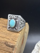 VTG Bell Trading Post Sterling Turquoise Thunderbird Ring - Fred Harvey Era 9.5