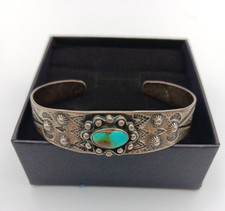 Fred Harvey Era Navajo Sterling Silver Turquoise Arrows Stamped Cuff Bracelet