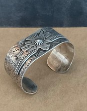 Vtg Hand Stamped WIDE NAVAJO CUFF sterling 36.3g Thunderbird Fred Harvey estate - Additional view 1