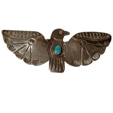 Historic Fred Harvey Thunderbird Navajo Sterling Silver Kingman Turquoise Brooch
