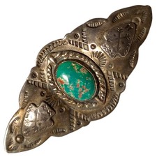 1930s Harvey Era Cold Chisel Repousse Sterling Silver Cerrillos Turquoise Pin - Additional view 2