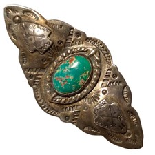 1930s Harvey Era Cold Chisel Repousse Sterling Silver Cerrillos Turquoise Pin - Additional view 3
