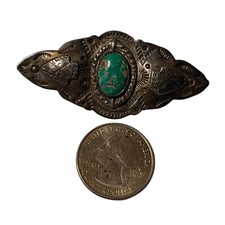 1930s Harvey Era Cold Chisel Repousse Sterling Silver Cerrillos Turquoise Pin - Additional view 4