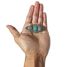 1930s Harvey Era Cold Chisel Repousse Sterling Silver Cerrillos Turquoise Pin - Additional view 5