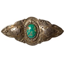 1930s Harvey Era Cold Chisel Repousse Sterling Silver Cerrillos Turquoise Pin