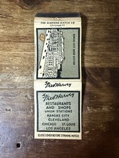 G378 Fred Harvey Restaurant Kansas City Chicago 1930’s Vintage Matchbook Cover