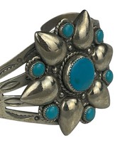 FRED HARVEY ERA BELL TRADING POST Nickel Silver Faux Turquoise Flower Cuff 31.9g - Additional view 6