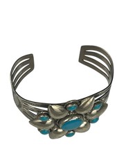 FRED HARVEY ERA BELL TRADING POST Nickel Silver Faux Turquoise Flower Cuff 31.9g - Additional view 7