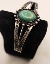 Native American green Turquoise Sterling Cuff Bracelet bell trading post