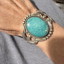 Fred Harvey Era NAVAJO Bell Trading turquoise Sterling Silver Bracelet 6.25-6.5”
