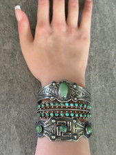 Old FRED HARVEY ERA Navajo Turquoise WHIRLING LOG REPOUSSE Sterling Bracelet - Additional view 1
