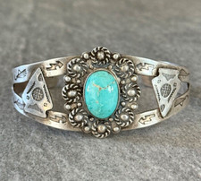 Vintage FRED HARVEY ERA Navajo Turquoise ARROWHEAD BIRDS SNAKE Sterling Bracelet