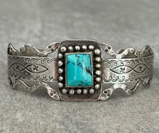 FRED HARVEY ERA Navajo Turquoise RATTLESNAKE WHIRLING LOG Sterling Bracelet-LRG