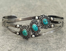 OLD FRED HARVEY ERA Navajo Turquoise flowers Stamped Sterling Bracelet 6.7 in