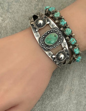 OLD FRED HARVEY ERA Navajo Turquoise RATTLESNAKE BUTTON Sterling Bracelet 6.75in - Additional view 4