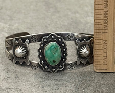OLD FRED HARVEY ERA Navajo Turquoise RATTLESNAKE BUTTON Sterling Bracelet 6.75in - Additional view 10