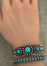 Vintage Fred Harvey Era Navajo Turquoise Dome SUN Sterling Bracelet 6.75 in - Additional view 1