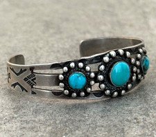 Vintage Fred Harvey Era Navajo Turquoise Dome SUN Sterling Bracelet 6.75 in - Additional view 2