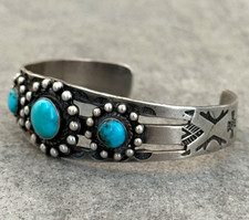 Vintage Fred Harvey Era Navajo Turquoise Dome SUN Sterling Bracelet 6.75 in - Additional view 3