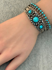 Vintage Fred Harvey Era Navajo Turquoise Dome SUN Sterling Bracelet 6.75 in - Additional view 4