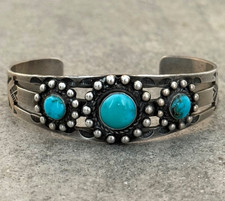 Vintage Fred Harvey Era Navajo Turquoise Dome SUN Sterling Bracelet 6.75 in