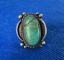 Fred Harvey Era Southwest  Sterling Silver & Oval Green Turquoise Ring  Sz 5.75 - Additional view 1