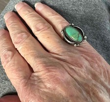 Fred Harvey Era Southwest  Sterling Silver & Oval Green Turquoise Ring  Sz 5.75 - Additional view 2