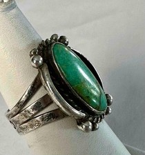 Fred Harvey Era Southwest  Sterling Silver & Oval Green Turquoise Ring  Sz 5.75 - Additional view 3